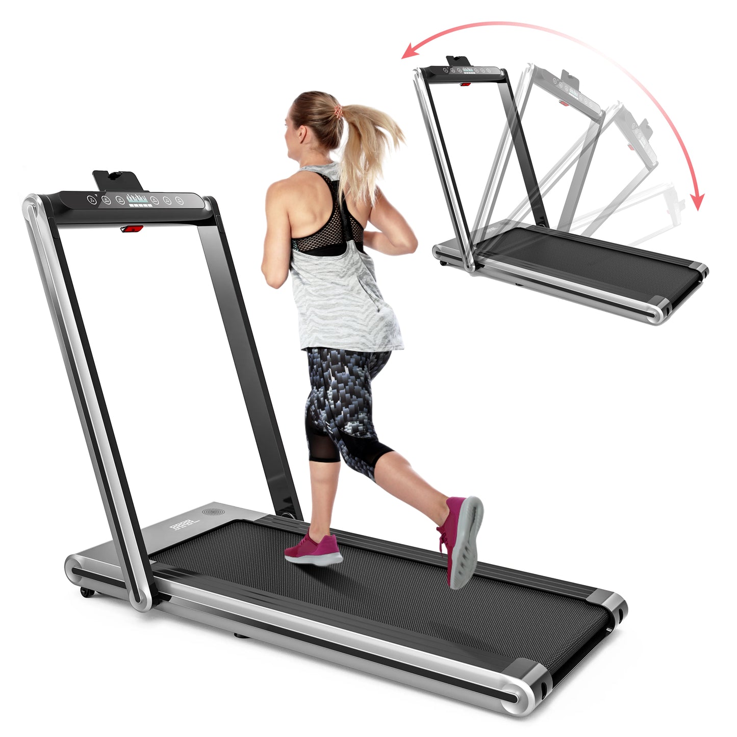 Fitti Folding Treadmill Running Machine Dual Display Screen for Home and Office Fitness Workout, 110 Lbs. Capacity, Silver