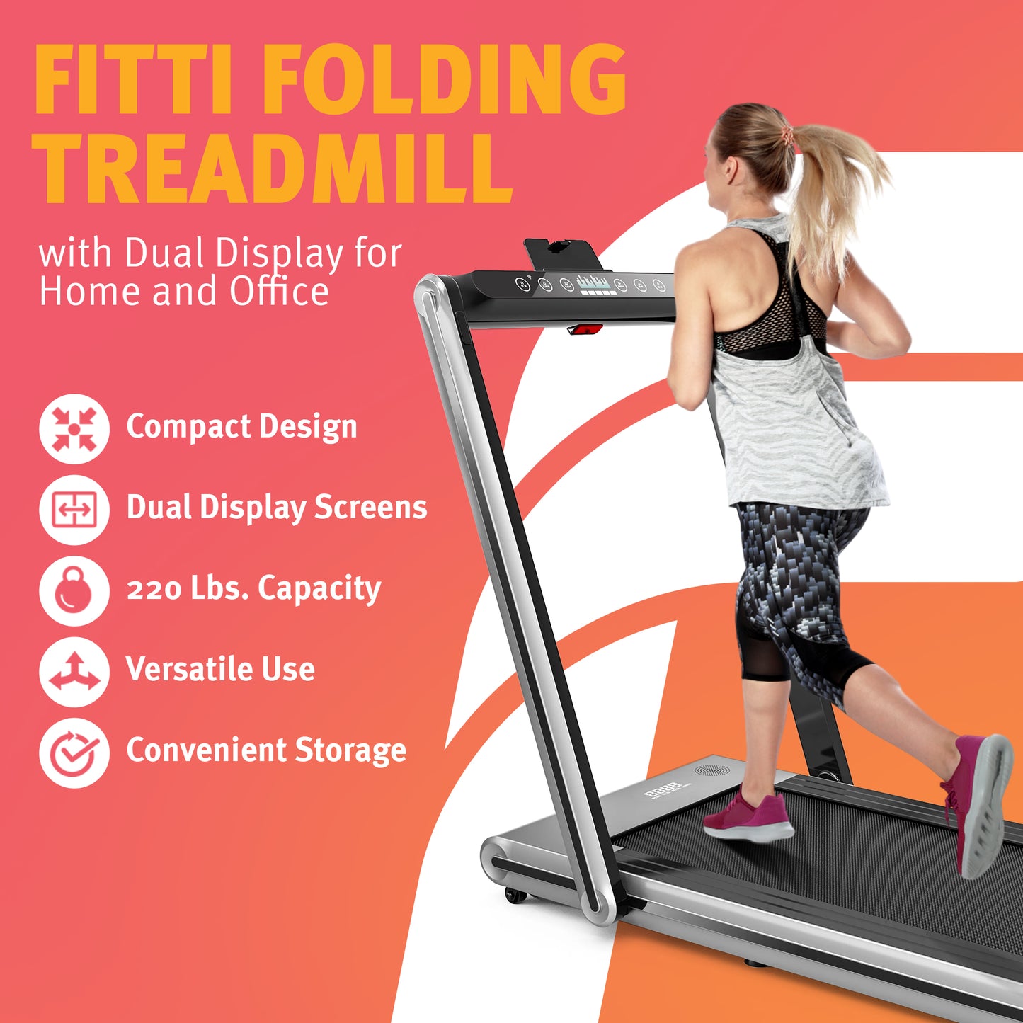 Fitti Folding Treadmill Running Machine Dual Display Screen for Home and Office Fitness Workout, 110 Lbs. Capacity, Silver