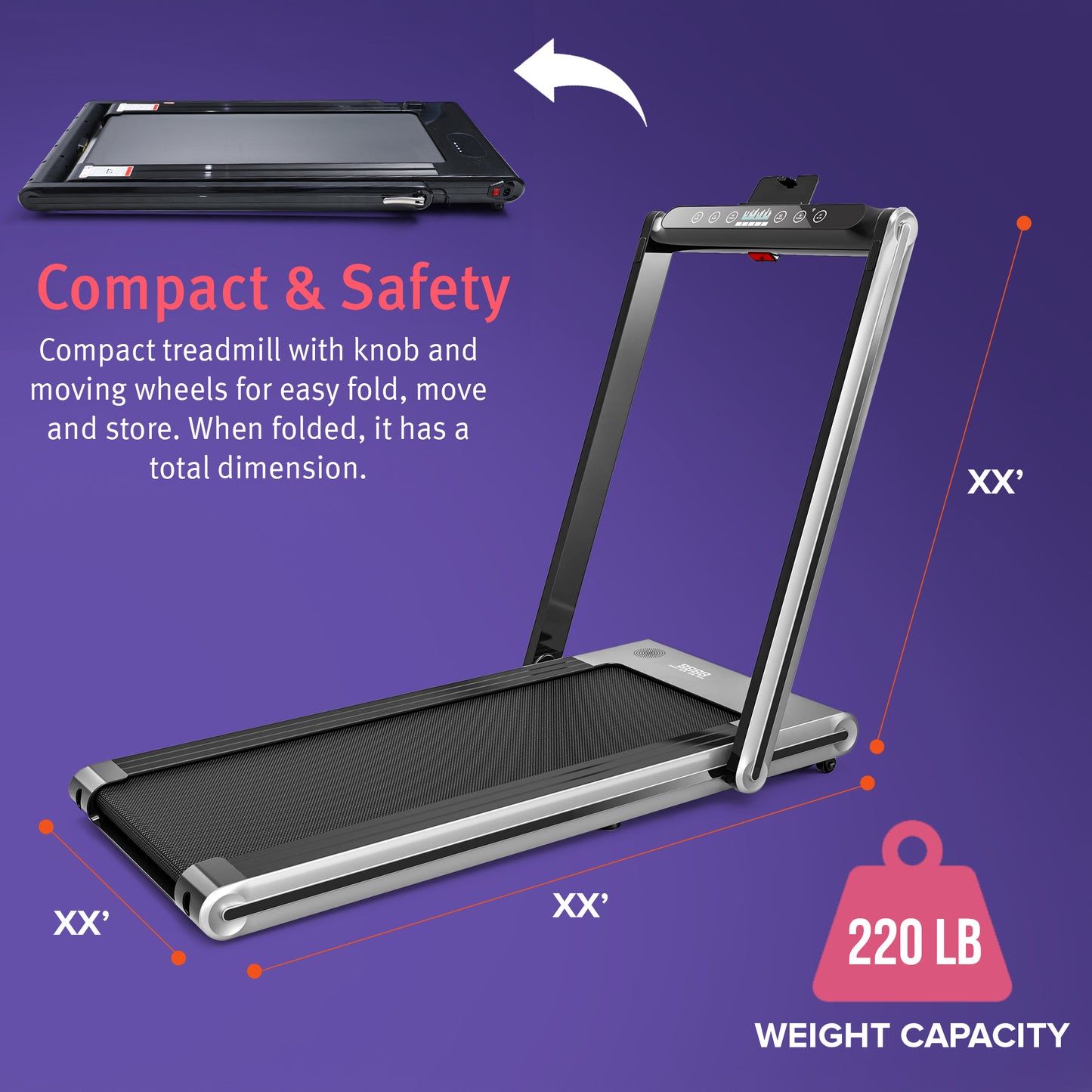 Fitti Folding Treadmill Running Machine Dual Display Screen for Home and Office Fitness Workout, 110 Lbs. Capacity, Silver